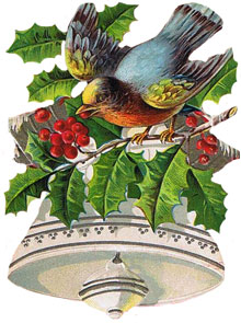 Vintage Christmas Clipart - White Bell with a Bluebird and Holly