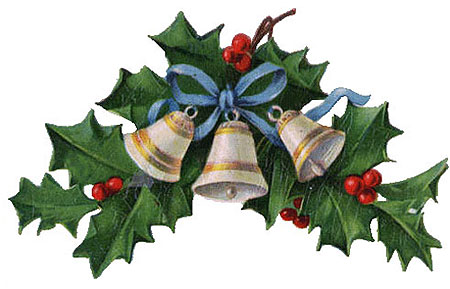 Vintage Christmas Clipart - Three White and Gold Bells in a Holly Wreath