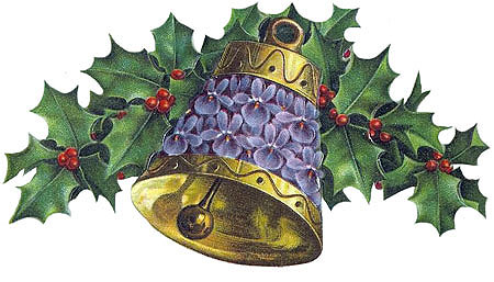 Vintage Christmas Clipart - Gold Bell with Holly and Blue Forget-Me-Nots