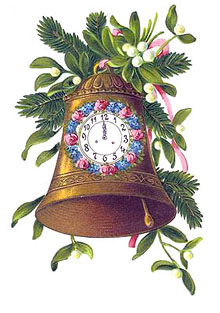 Vintage Christmas Bells Clipart - Gold Bell com um relógio e ramos de azevinho e visco