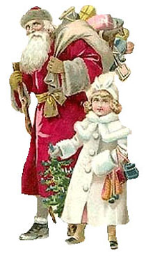 Vintage Christmas Clipart - Father Christmas with Presents walking with a Little Girld