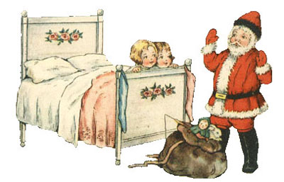Vintage Christmas Clipart - Two Little Children in Bed watching Santa Claus with his Bag of Gifts