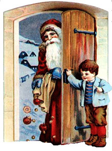 Vintage Christmas Clipart - Santa Claus at the Door with Gifts