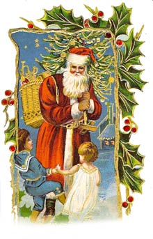 Vintage Christmas Clipart - Santa Claus with Basket of Christmas Gifts with Children