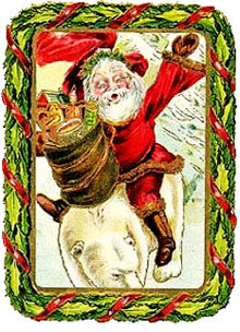 Vintage Christmas Clipart - Santa Claus Riding a Polar Bear and Bringing Christmas Presents