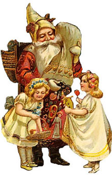 Vintage Santa Claus Clipart - Brown Robed Santa Claus with Children and Christmas Gifts