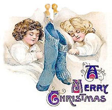 Vintage - Two Children sleeping next to Christmas Stockings