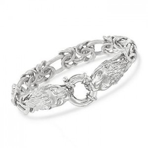 Double Lions Head Byzantine and Oval Link Bracelet in Sterling Silver. 7.5"