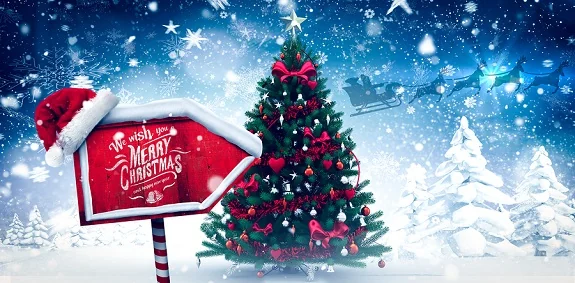 Christmas greeting against christmas tree in snowy forest